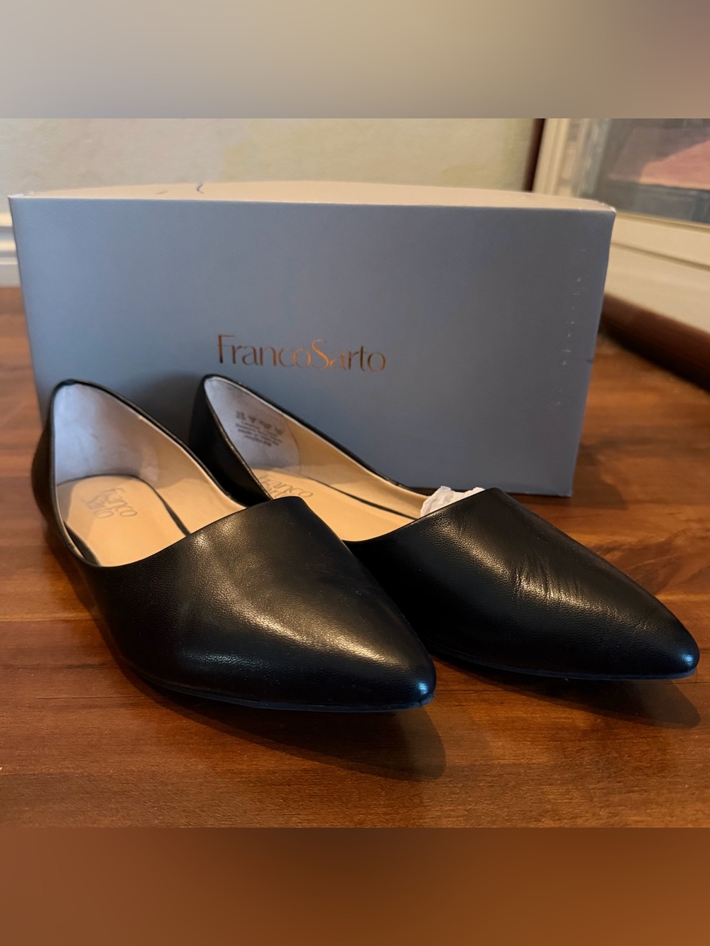 Franco Sarto Black Pointed Toe Leather D'Orsay Flats